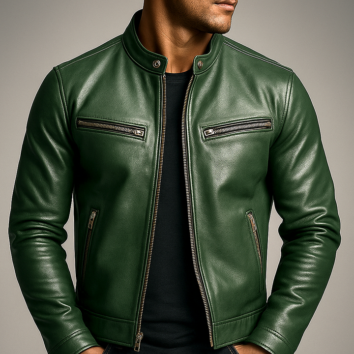 Man wearing a green vintage style jacket with front zipper pockets