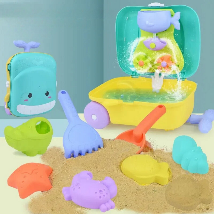 Kids pull-along beach toy trolley set filled with colorful sand toys and buckets