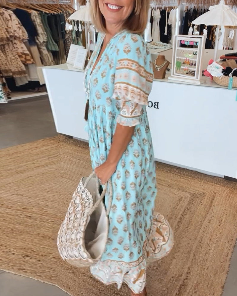 Women's blue V-neck printed half-sleeve casual summer dress