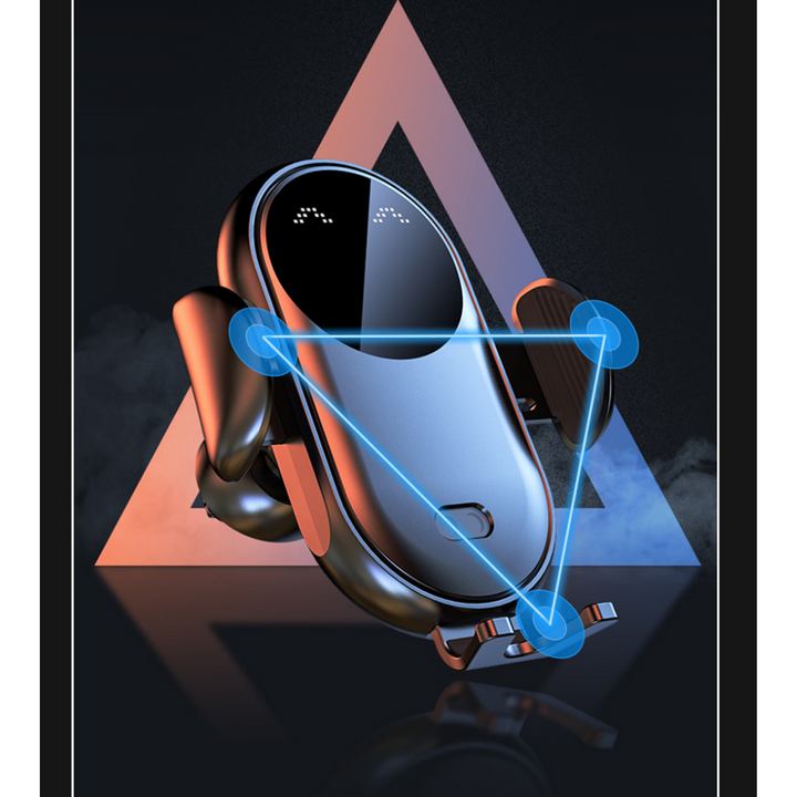 Sleek black wireless charging car phone mount with triangular grip illustration