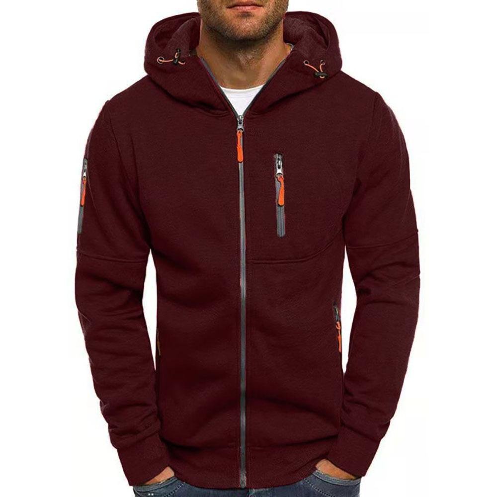 Side profile of men's outdoor outerwear zip-up sweatshirt showcasing standard fit