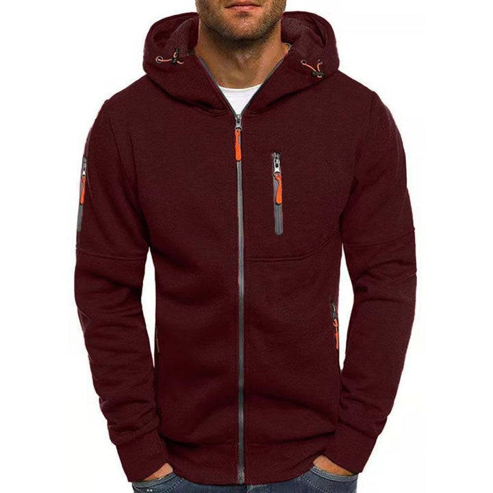 Side profile of men's outdoor outerwear zip-up sweatshirt showcasing standard fit