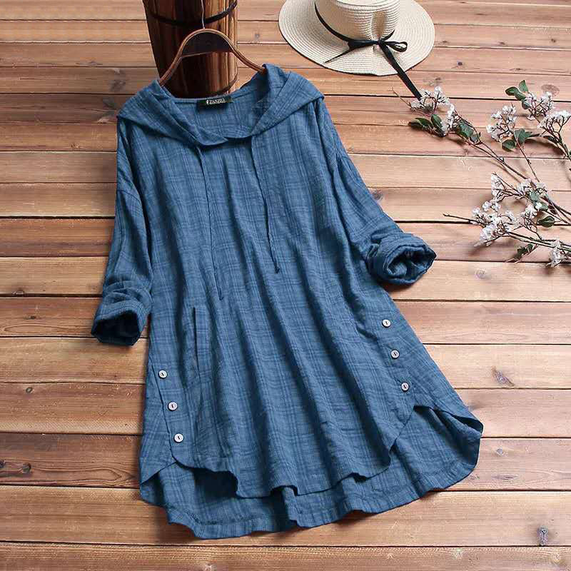 Casual longline hooded shirt for women featuring button hem detail and long sleeves