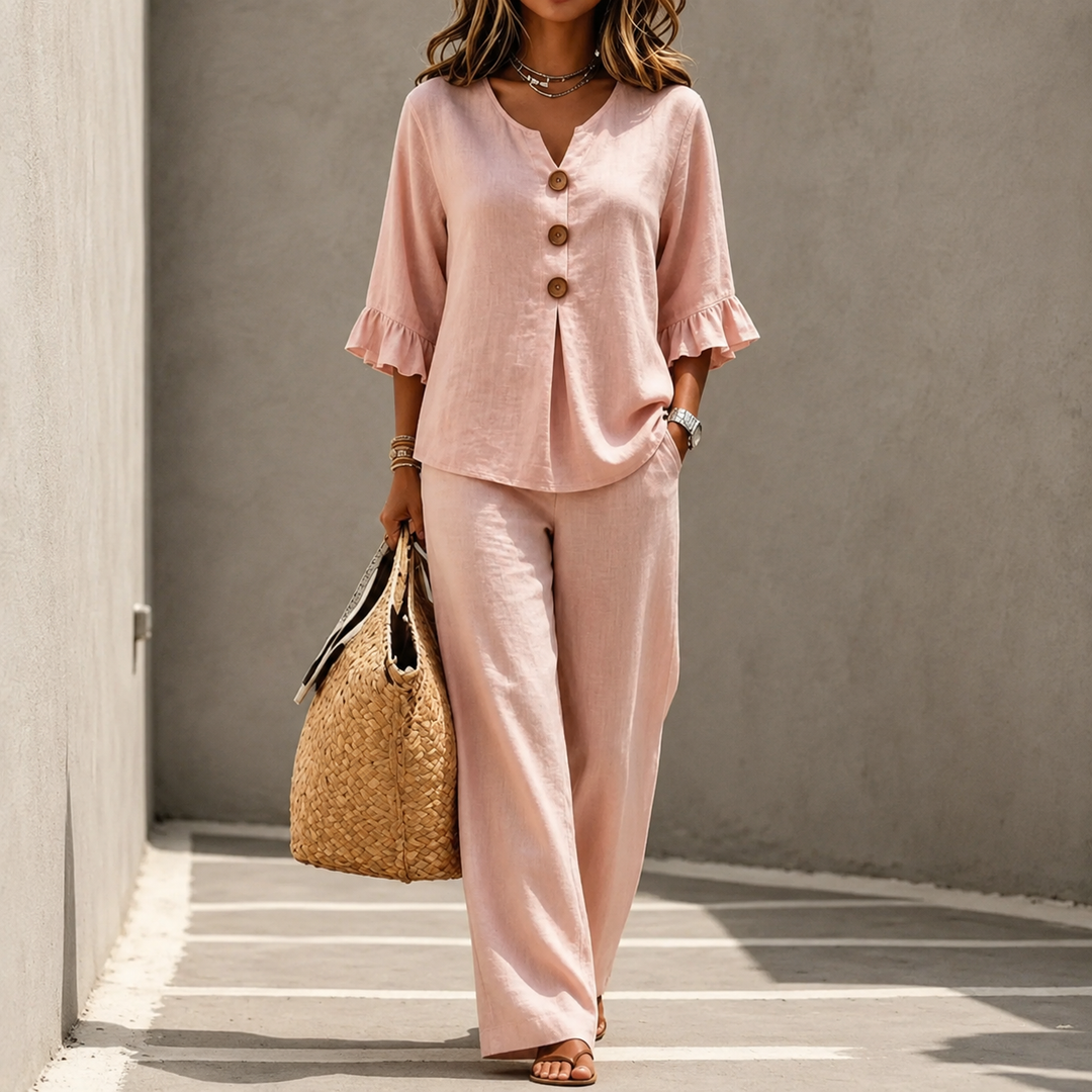 Womens travel-friendly loungewear set folded neatly to show portability