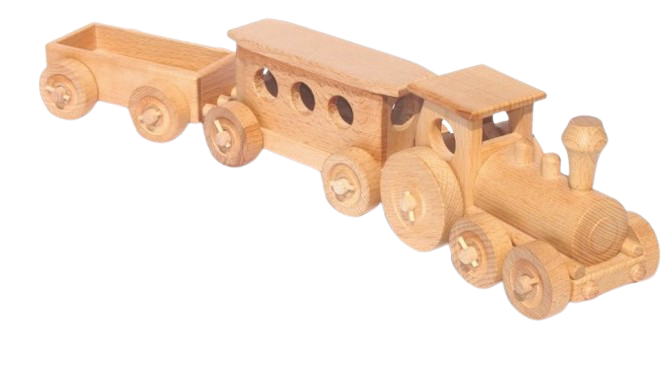 Wooden toy train with locomotive and detachable carriages on white background