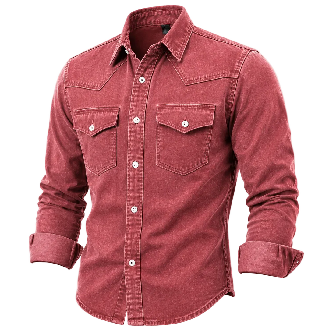 Front view of a red vintage washed denim work shirt with dual pockets