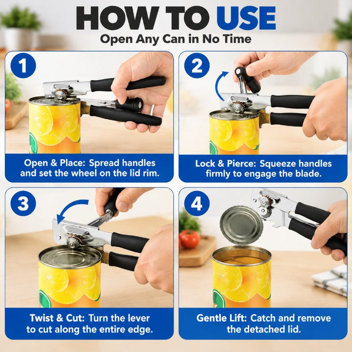 Side-cutting can opener tool for safe and easy food prep