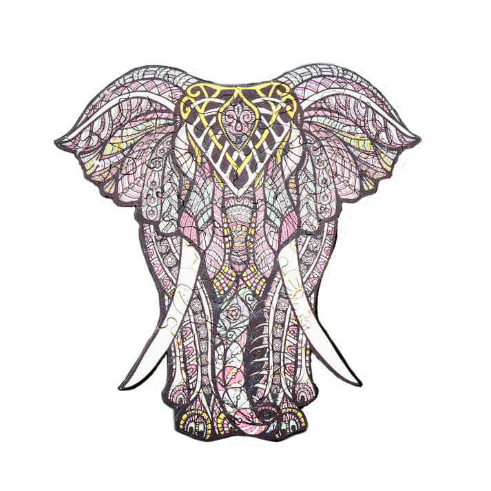 Fully assembled ornate wooden elephant puzzle on a white background