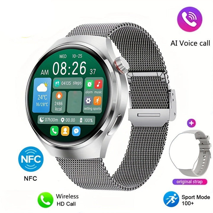 Lifestyle shot of a stylish men's smartwatch worn on the wrist during outdoor activity.