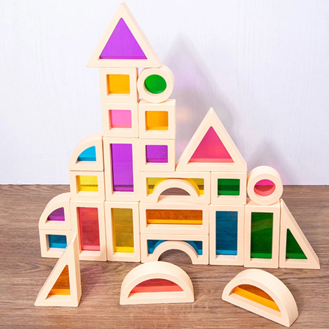 Colourful wooden building blocks assembled into a castle shape