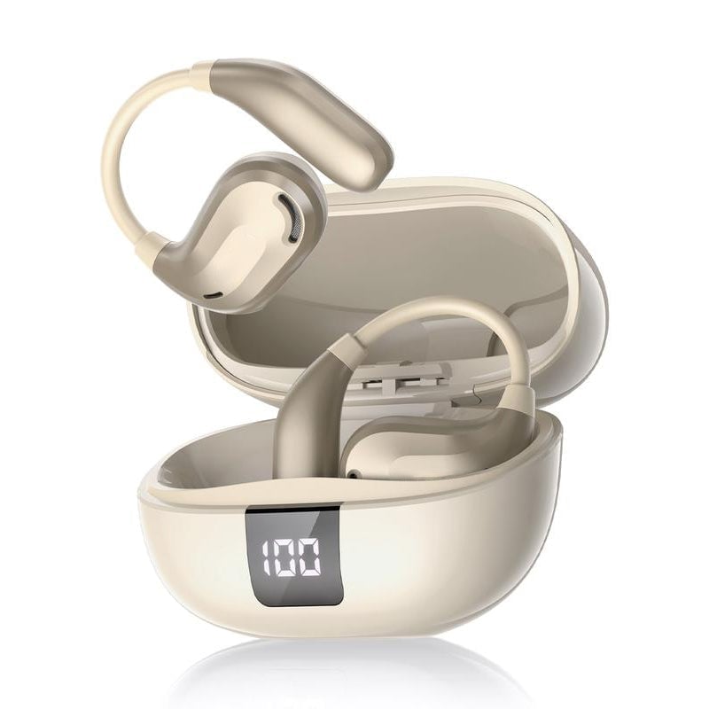 Beige wireless ear-hook headphones in charging case with LED display