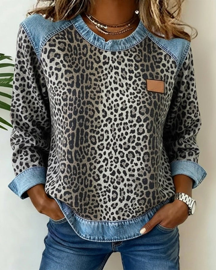 Women's leopard print knit sweater, crew neck pullover casual wear