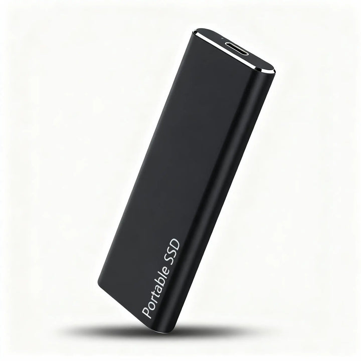 Sleek black portable USB-C solid state drive angled on a white surface