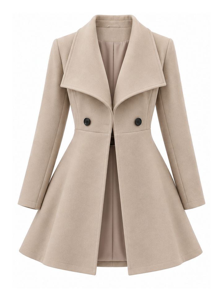 Side profile of the slim fit lapel coat showing flattering waistline