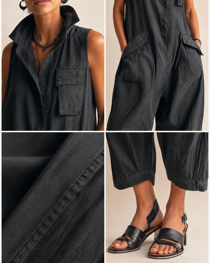 Fabric texture and stitching detail on the casual women's one-piece outfit