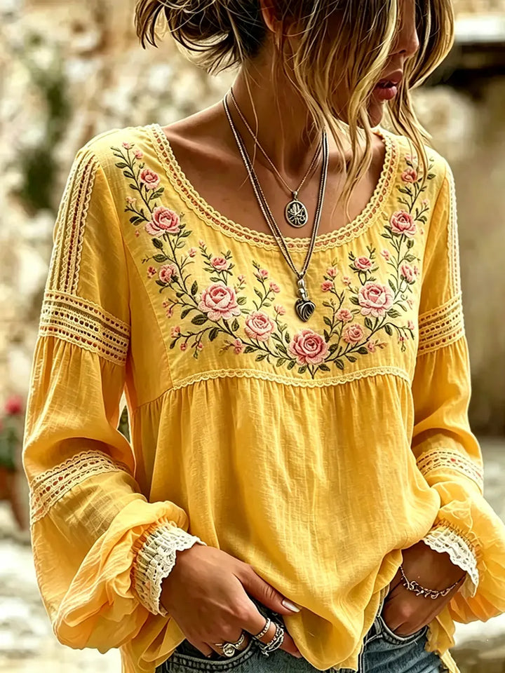 Back view of the relaxed fit long sleeve floral embroidered shirt for women