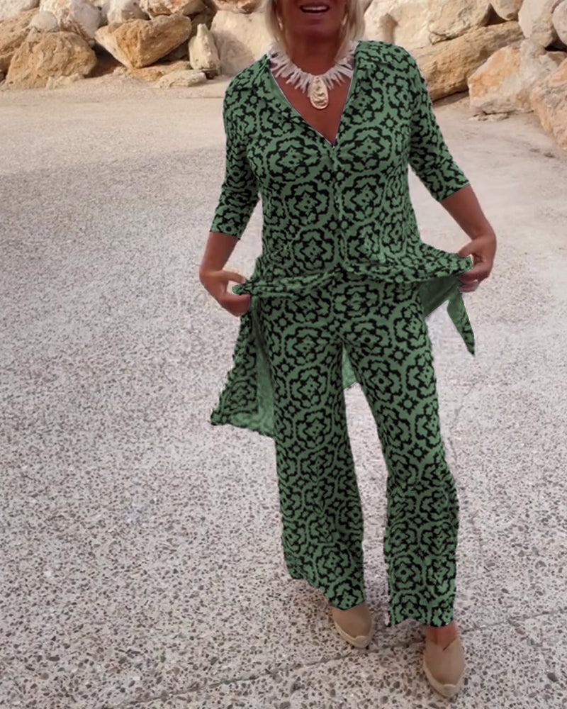Model walking in comfortable printed two-piece casual wear set