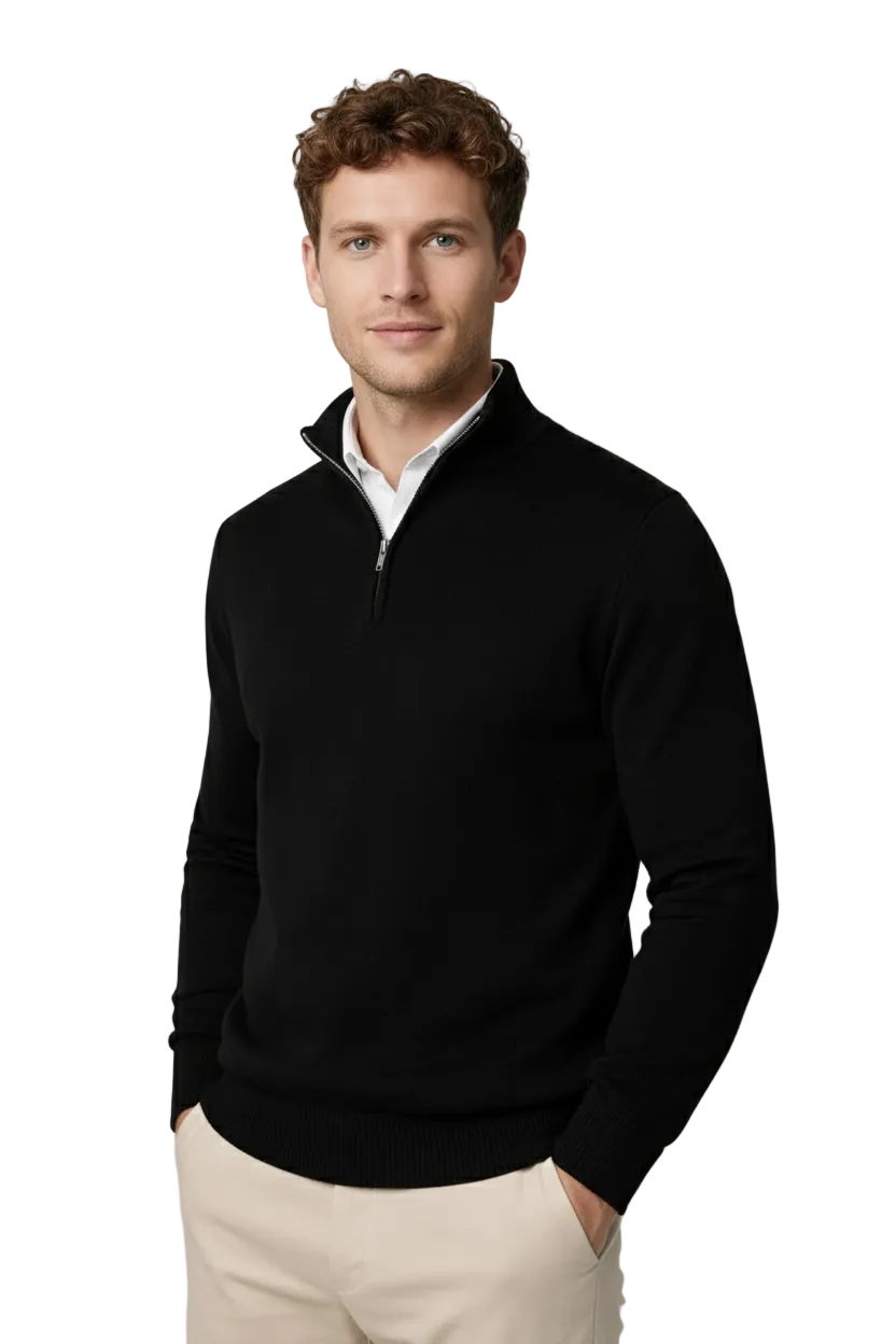 Mens modern half zip high neck sweater in front view, casual winter knitwear pullover
