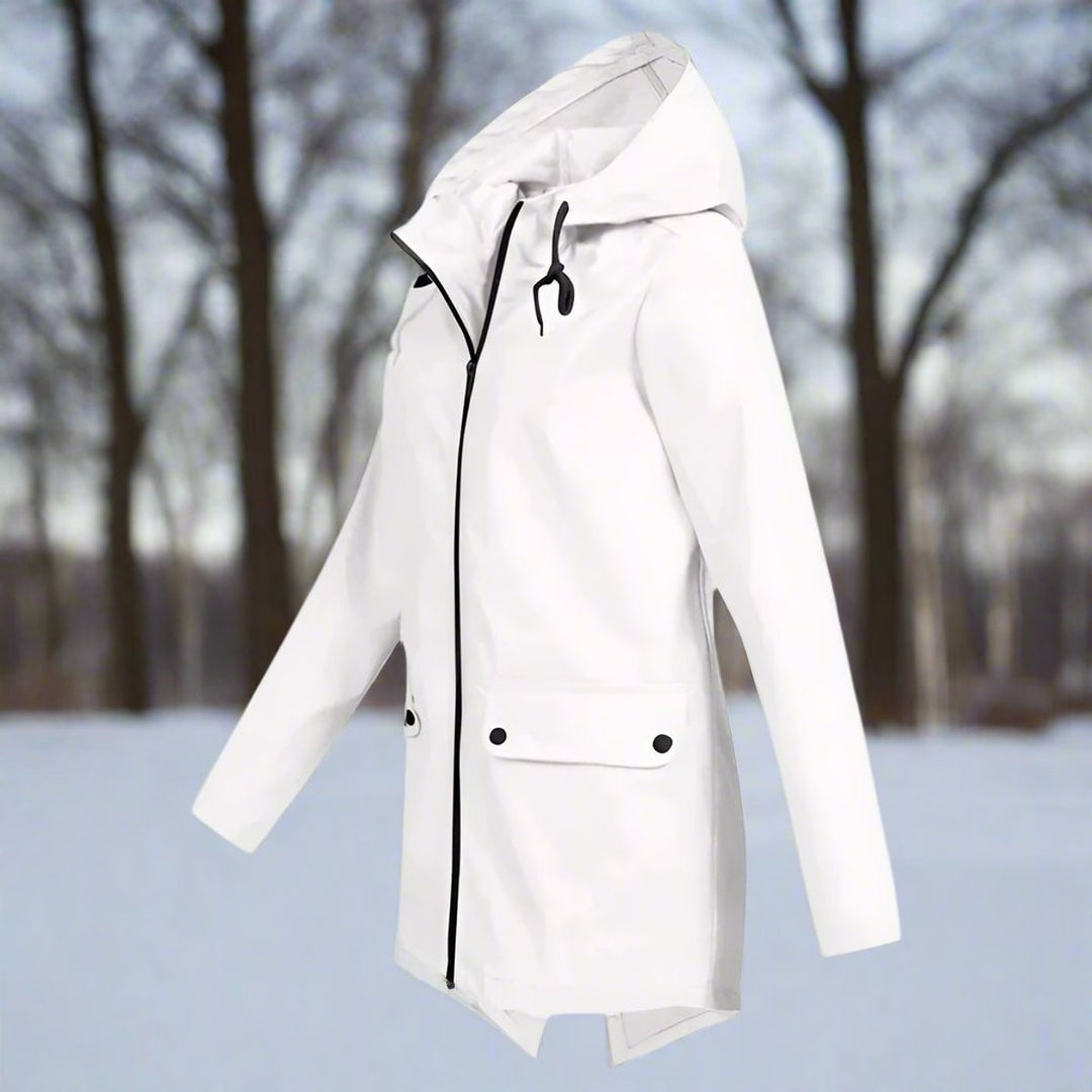 Close-up of secure zippered pocket on women's waterproof rainwear