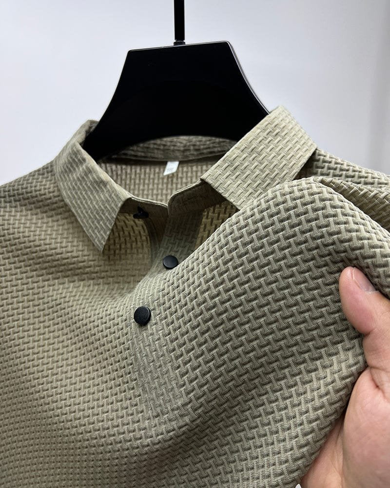 Close-up of button placket and collar on casual knit polo