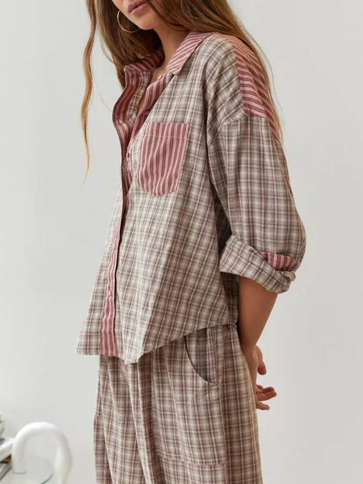 Womens plaid contrast button-up pajama set top detail featuring soft sleepwear fabric