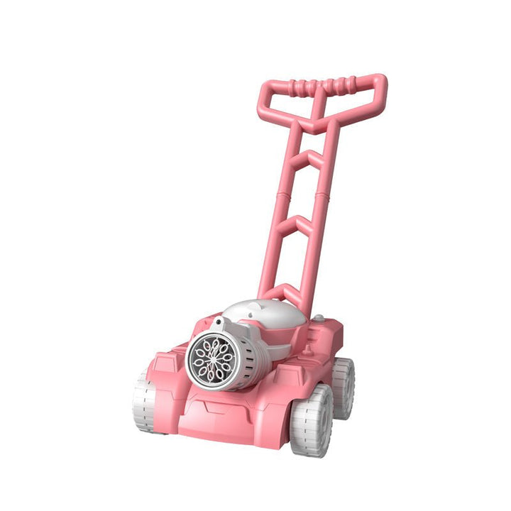 Pink kids bubble-blowing lawn mower toy front angle view