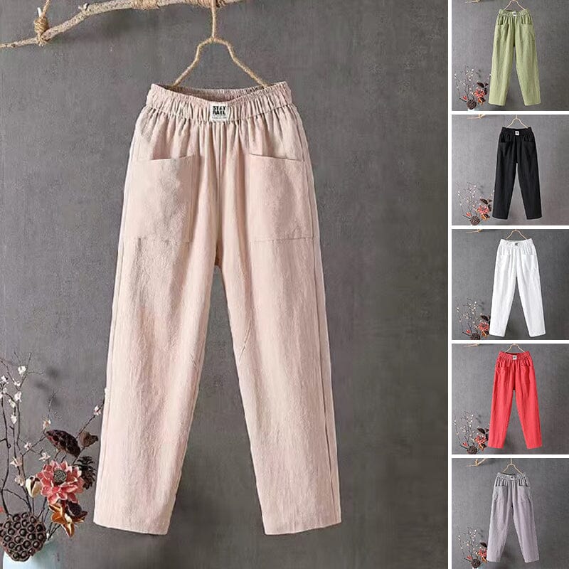 Light pink women's trousers with elastic waist and side pockets
