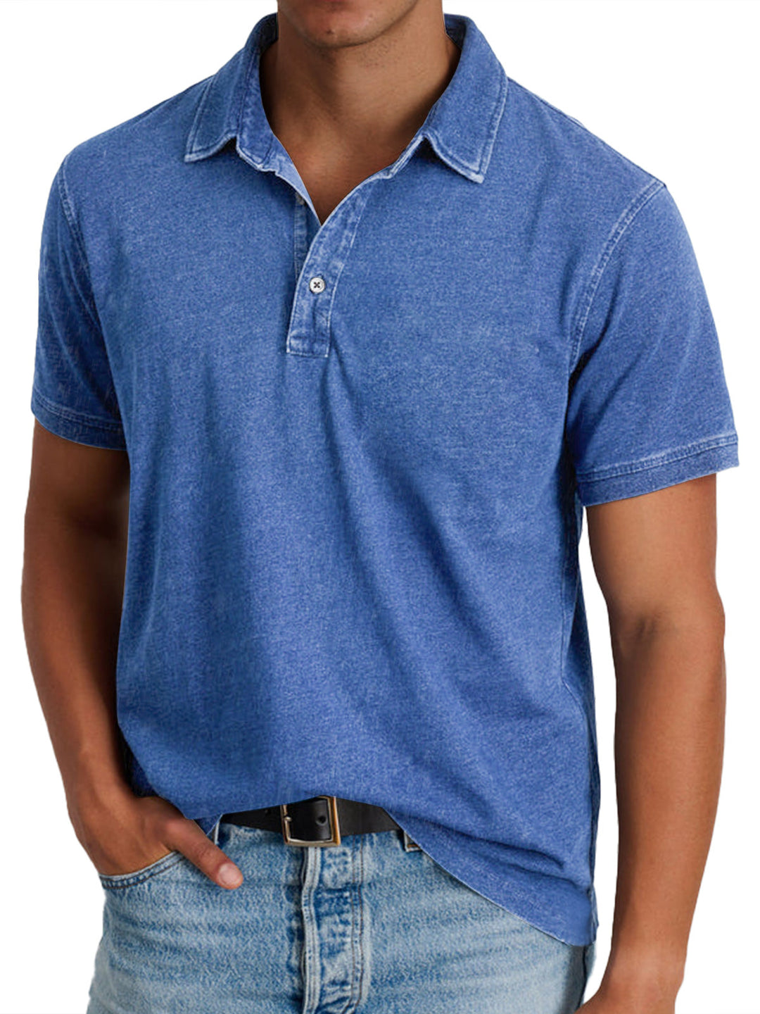 Close-up view of a blue men's piqué polo shirt featuring a button placket and collar