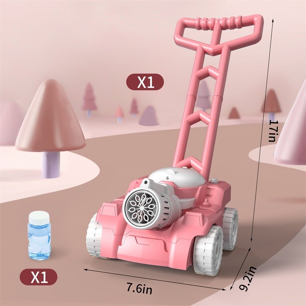 Pink bubble mower toy with bottle of bubble solution and height measurements