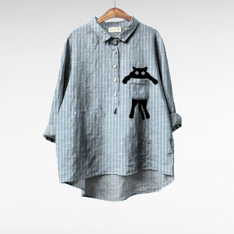Women's gray striped casual blouse with a playful black cat pocket detail