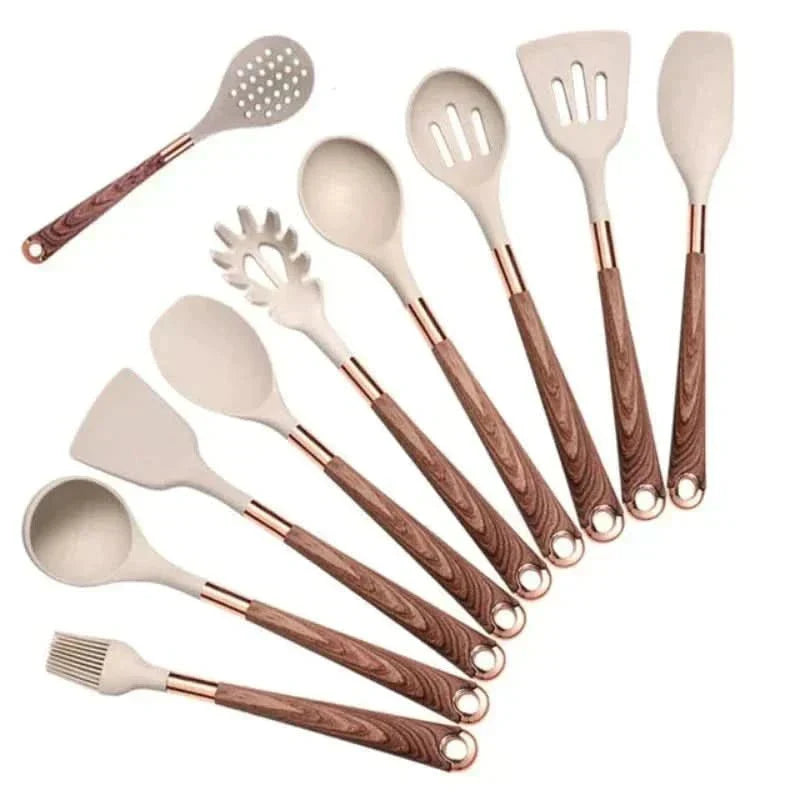Full view of the 10-piece kitchen utensil set in cream and wood finish