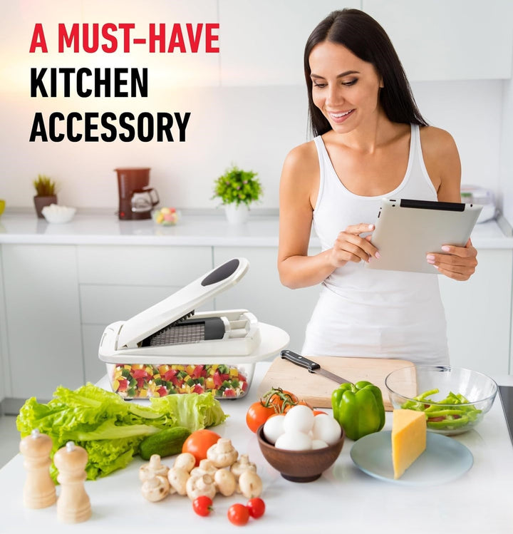 Grey mandoline slicer with interchangeable stainless steel blades