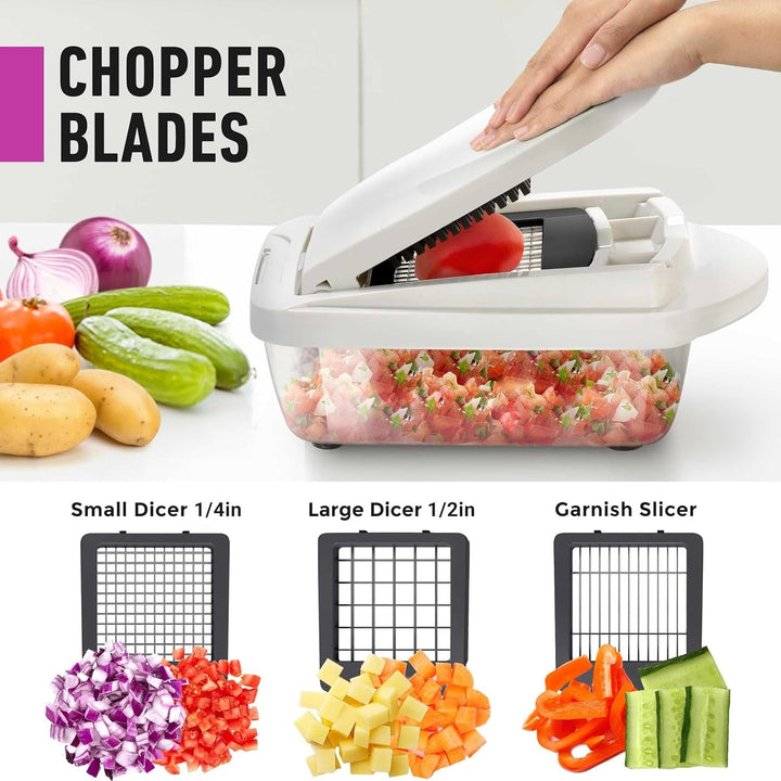Durable vegetable chopper demonstrating various cut styles