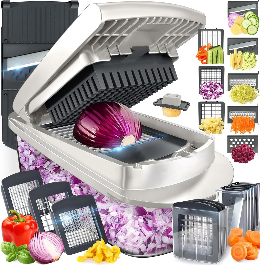 Grey 10-in-1 vegetable slicer with blades and diced red onion