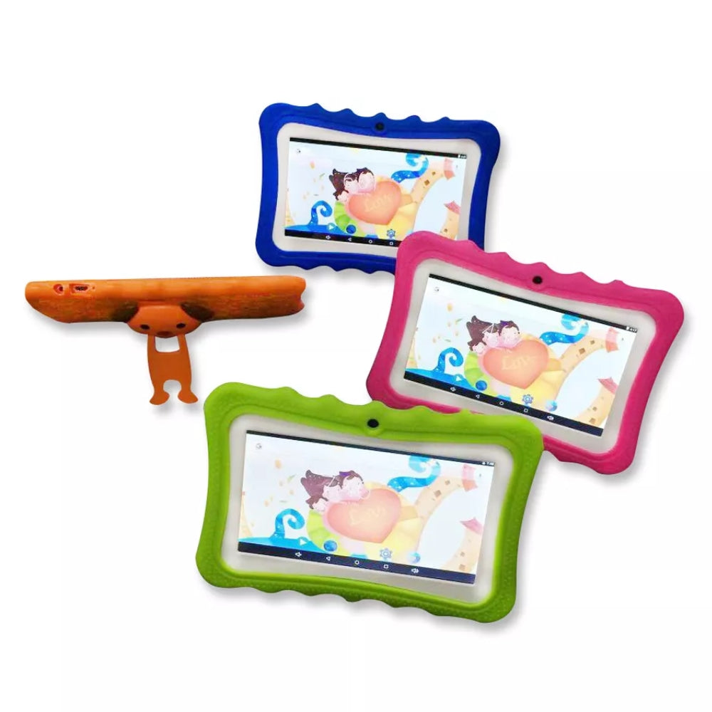 Four colorful kids tablets displayed together showing interface screens