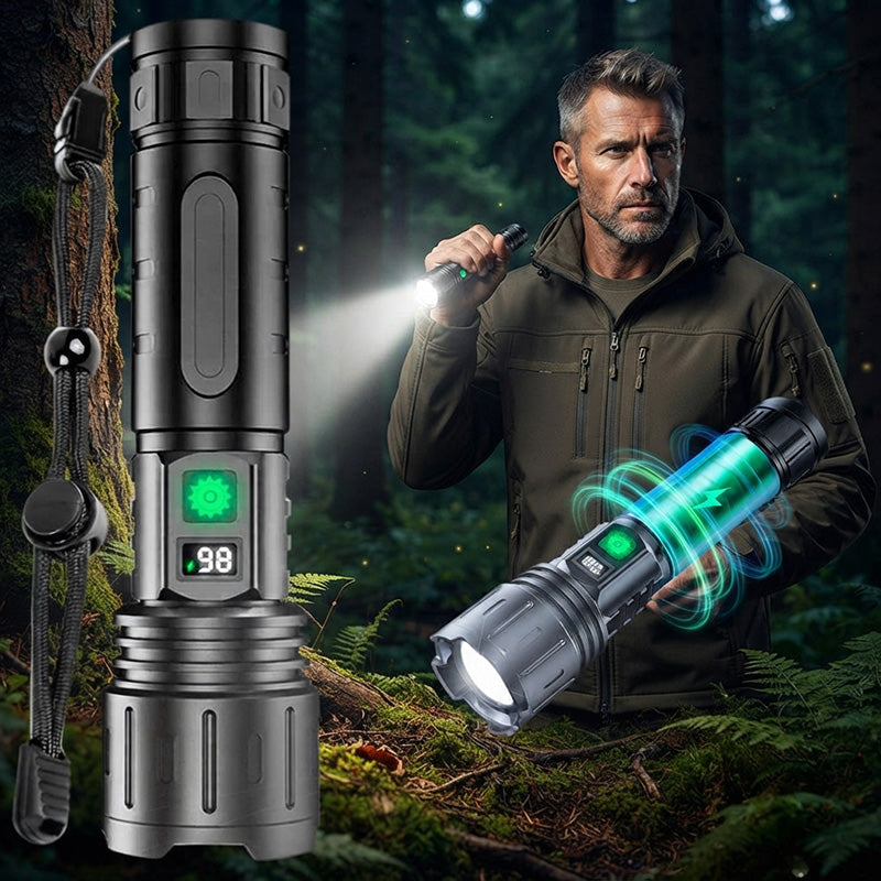 Man holding a rechargeable tactical LED flashlight in a dark forest