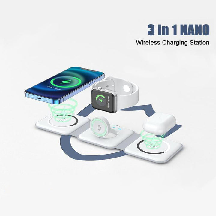 White triple-fold wireless charging station powering a phone, watch, and earbuds