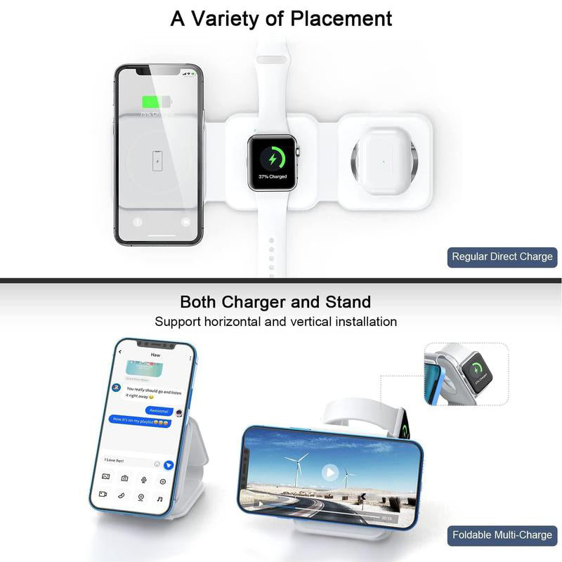Charging station powering smartphone, smartwatch, and wireless earbuds simultaneously on desk