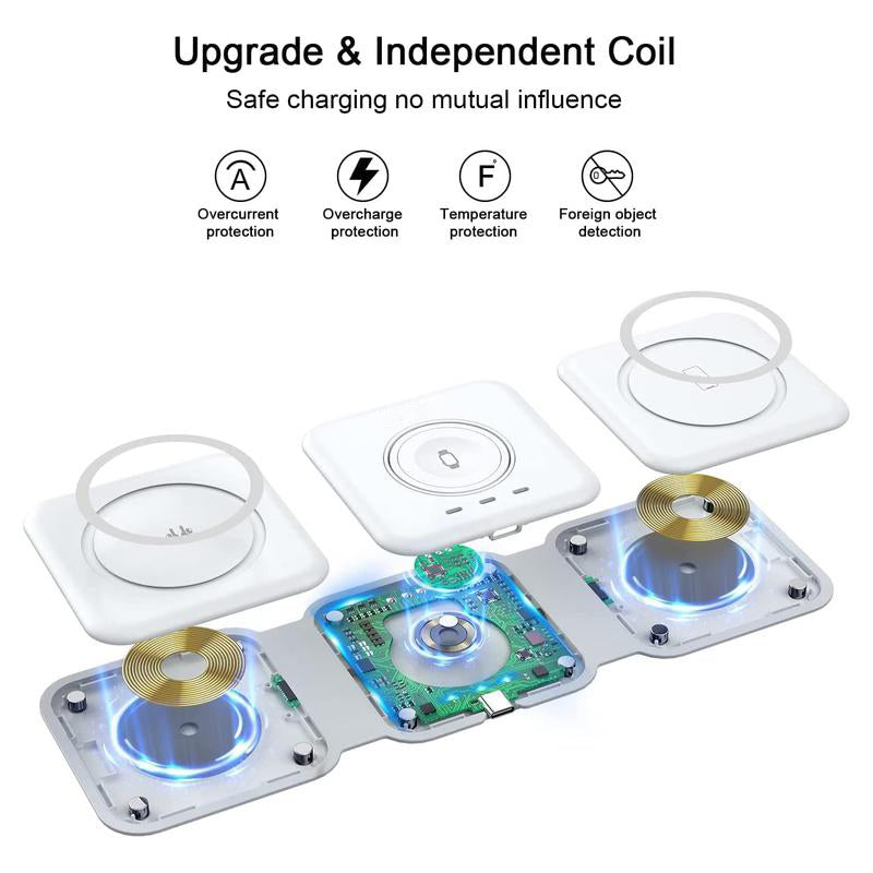 Universal foldable magnetic wireless charger stand in sleek black finish on a modern office desk
