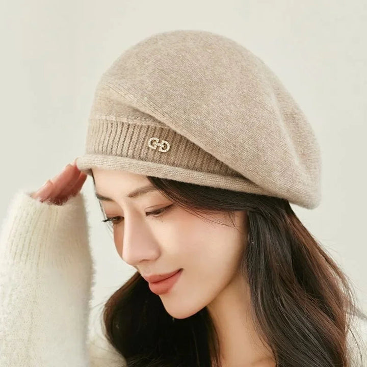 Detailed shot of the soft knit texture on a fashionable womens winter beret hat