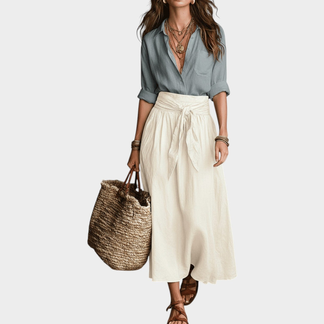 Back view of the bohemian maxi skirt and matching shirt outfit