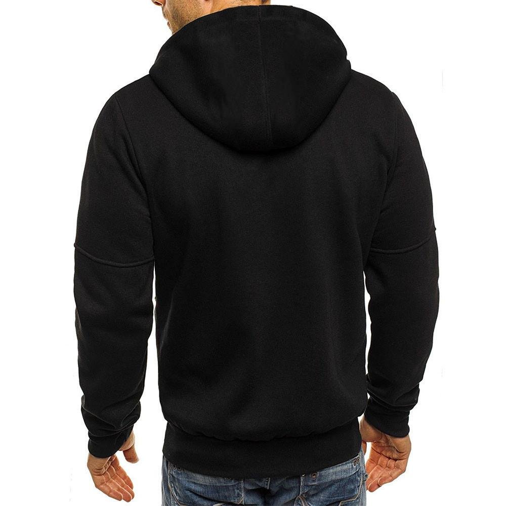 Back view of a man wearing a solid black hooded zip-up sweatshirt jacket