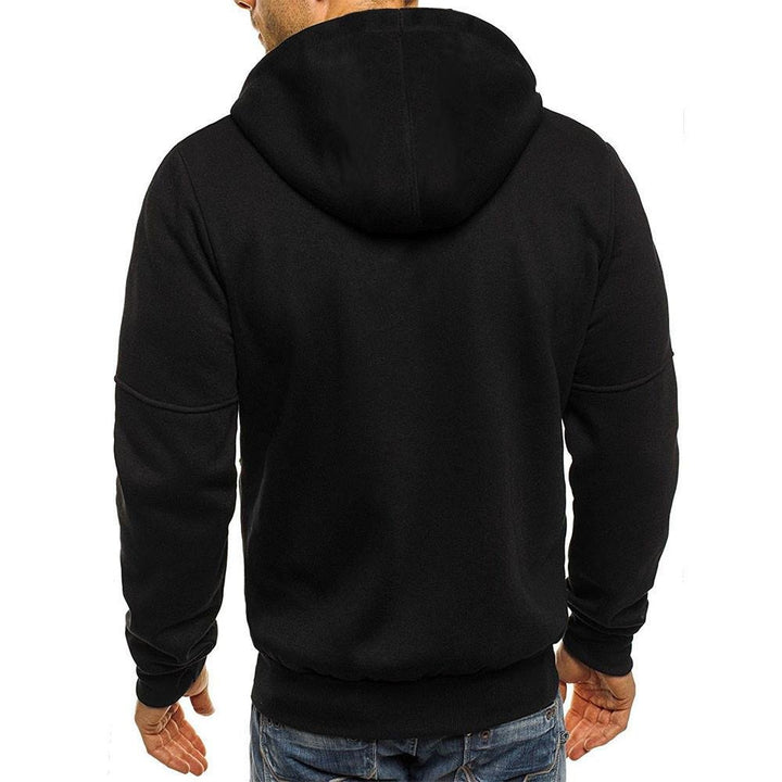 Back view of a man wearing a solid black hooded zip-up sweatshirt jacket