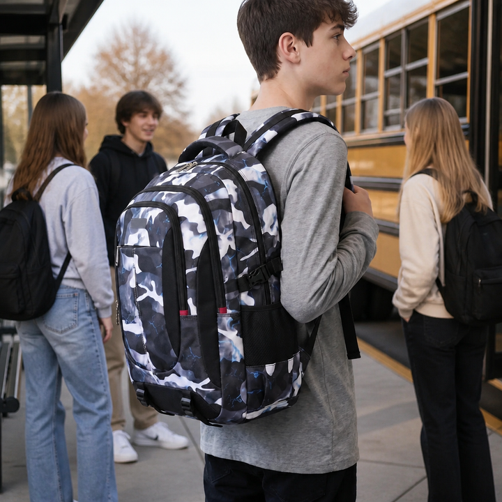 Teenage student wearing the stylish boxy backpack outside near a yellow school bus