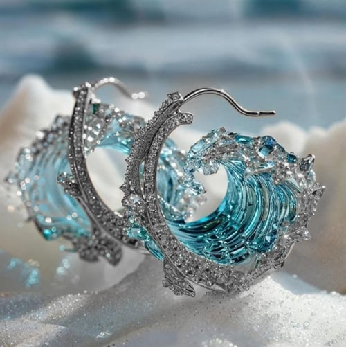 Model wearing silver wave earrings and matching ring