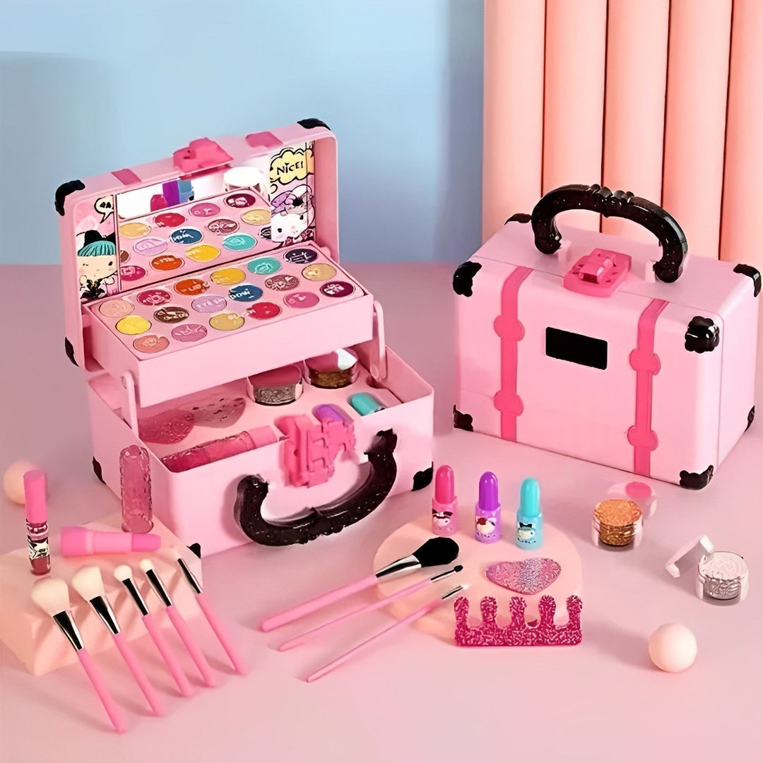 Girls toy vanity case filled with washable play makeup essentials