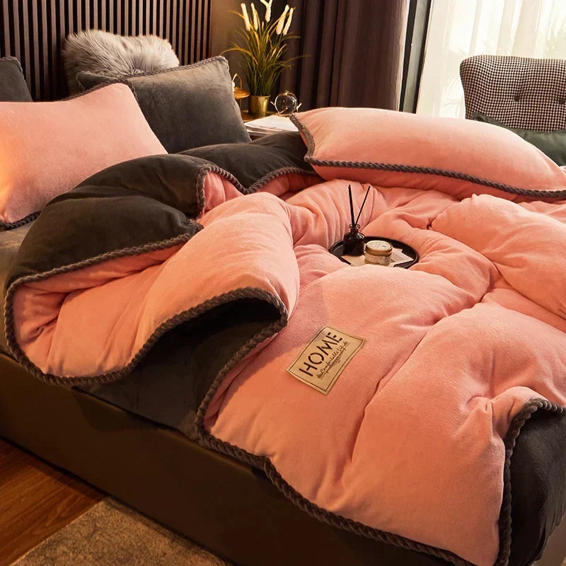 Detailed shot of winter bedding stitching and premium plush fabric quality
