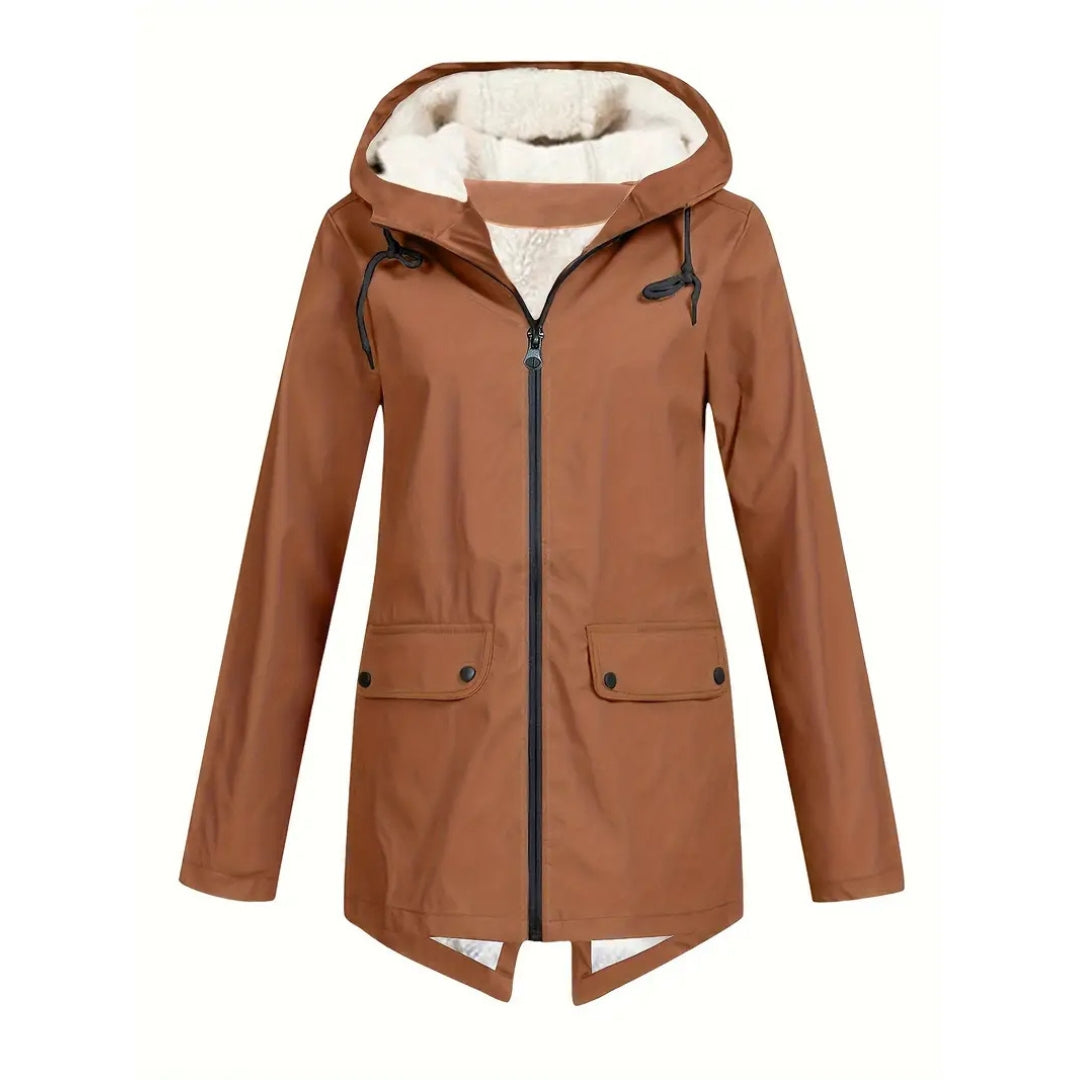 Womens waterproof hooded coat front view, showing rain jacket design