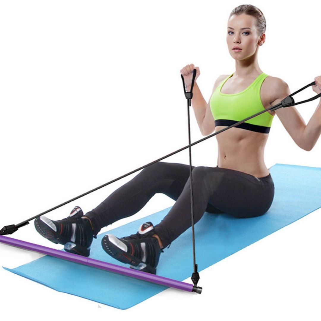 Blue home gym stretching Pilates bar equipment with elastic resistance cords
