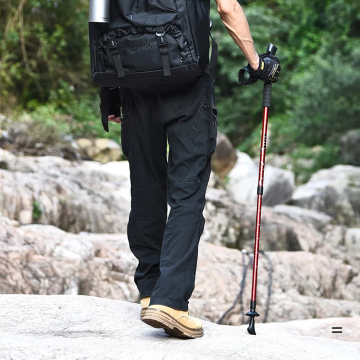 Complete set of collapsible aluminium trekking poles with outdoor accessories